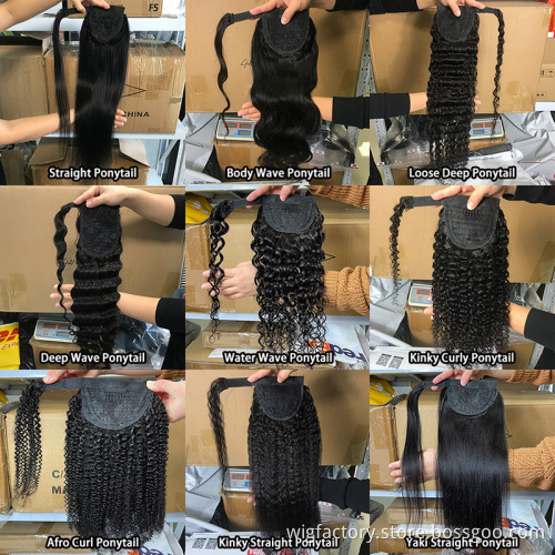 factory price good quality ponytail human hair extensions,100% brazilian human hair deep wave curly ponytail,clip in ponytails